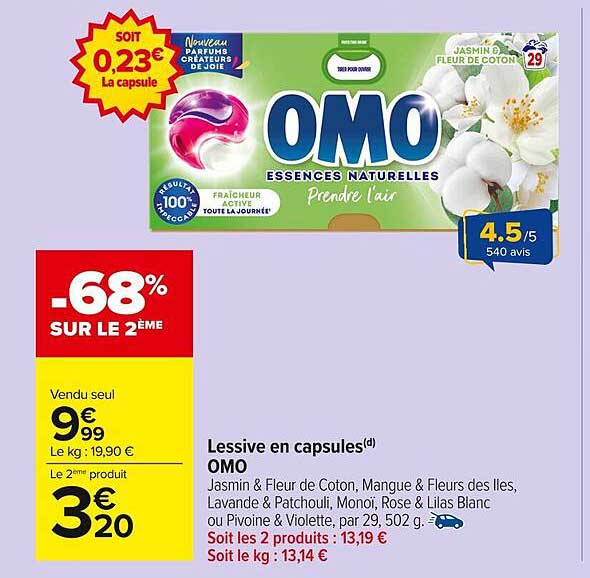Lessive en capsules OMO - Jasmin & Fleur de Coton, Mangue & Fleurs des Îles