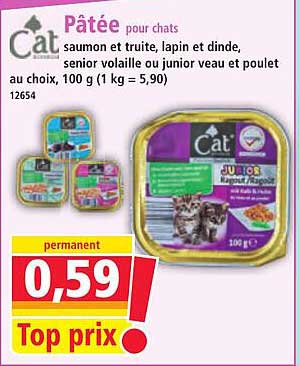 Pâtée pour chats saumon et truite, lapin et dinde, senior volaille ou junior veau et poulet au choix, 100 g