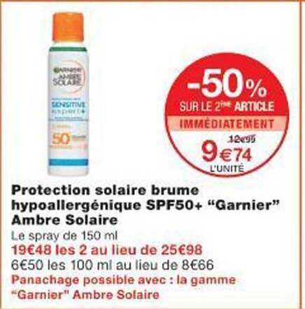 Protection solaire brume hypoallergénique SPF50+ "Garnier" Ambre Solaire