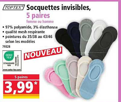 Socquettes invisibles, 5 paires femme ou homme