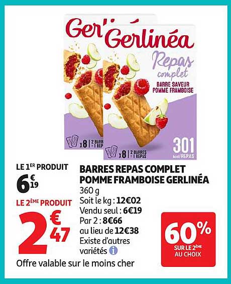 BARRES REPAS COMPLET POMME FRAMBOISE GERLINÉA