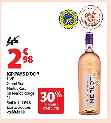 IGP PAYS D'OC HVE Grand Sud Merlot Rosé ou Merlot Rouge 1L