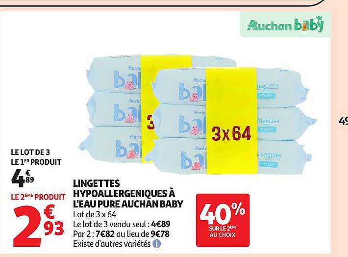 LINGETTES HYPOALLERGENIQUES À L'EAU PURE AUCHAN BABY