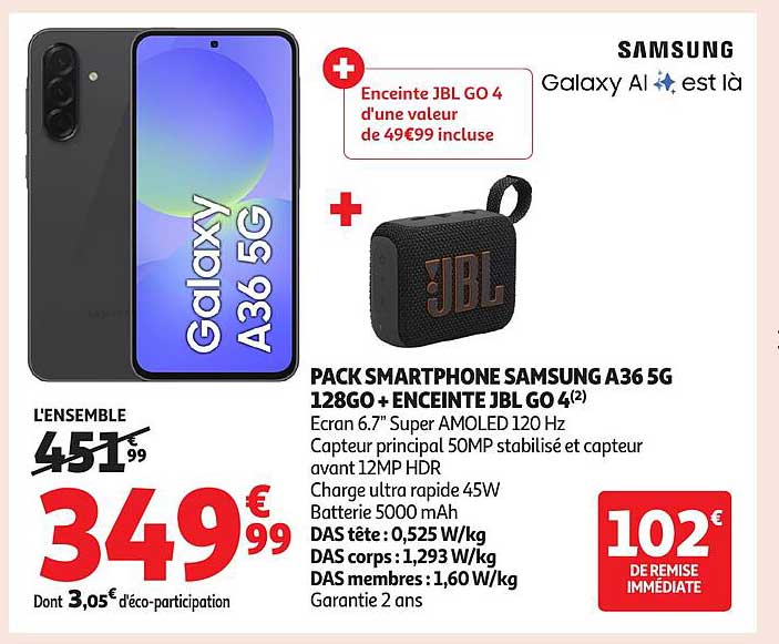 PACK SMARTPHONE SAMSUNG A36 5G 128GO + ENCEINTE JBL GO 4