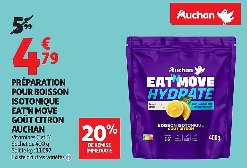 PRÉPARATION POUR BOISSON ISOTONIQUE EAT'N MOVE GOÛT CITRON AUCHAN