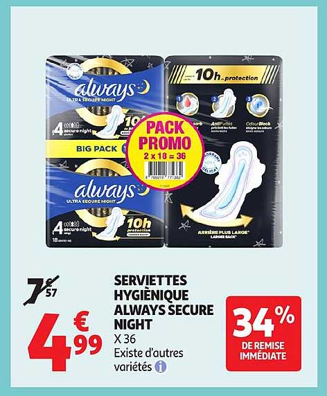 SERVIETTES HYGIÉNIQUE ALWAYS SECURE NIGHT X 36
