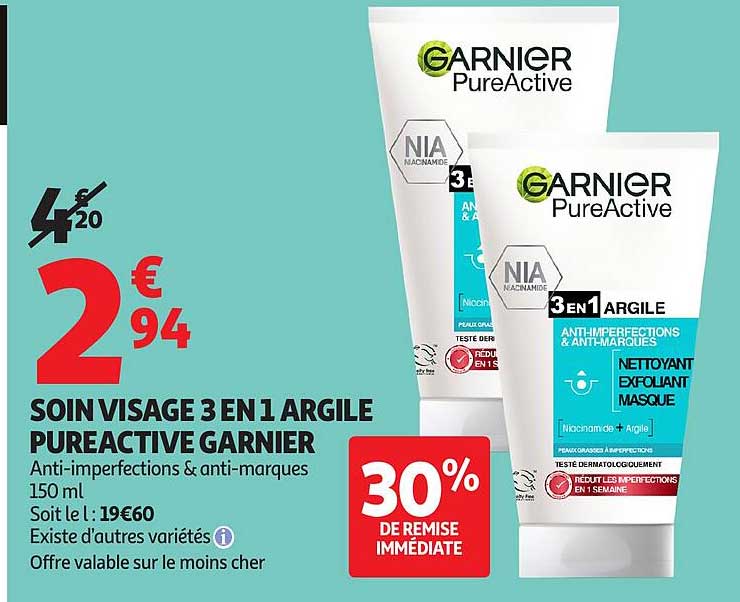 SOIN VISAGE 3 EN 1 ARGILE PUREACTIVE GARNIER