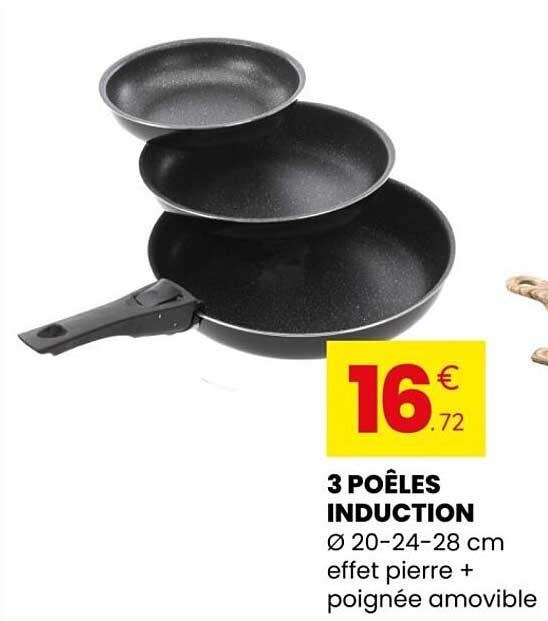 3 POÊLES INDUCTION Ø 20-24-28 cm effet pierre + poignée amovible