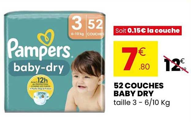 52 COUCHES BABY DRY taille 3 - 6/10 Kg