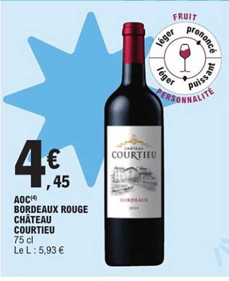 AOC(4) BORDEAUX ROUGE CHÂTEAU COURTIEU 75 cl Le L : 5,93 €