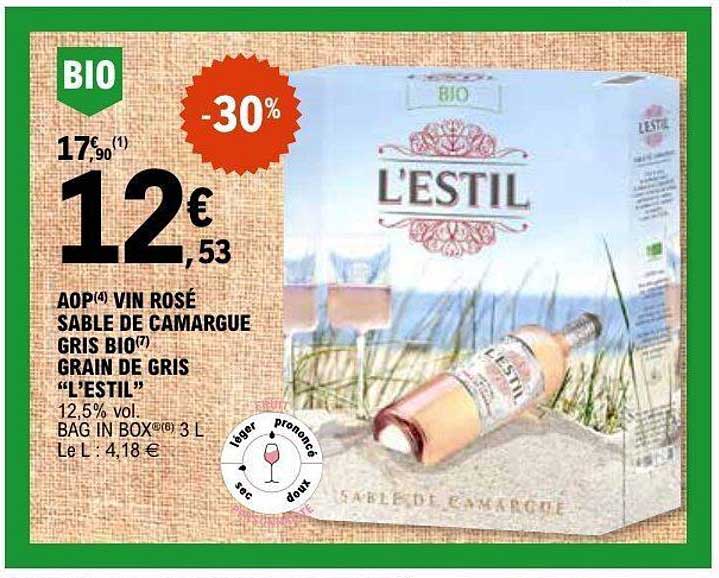 AOP VIN ROSÉ SABLE DE CAMARGUE GRIS BIO GRAIN DE GRIS “L’ESTIL” 12,5% vol BAG IN BOX 3 L