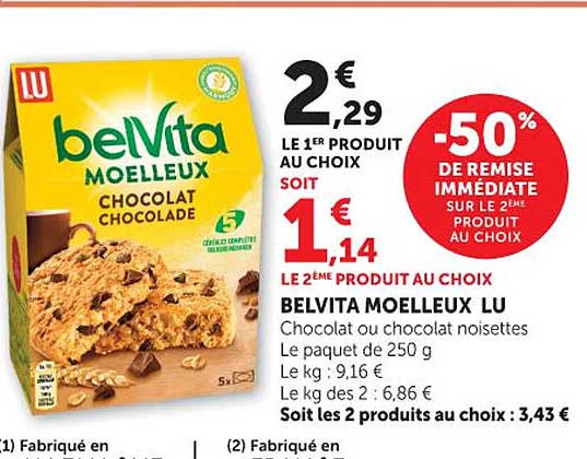 belVita MOELLEUX Chocolat ou chocolat noisettes