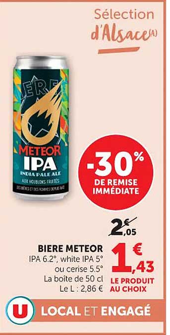 BIERE METEOR IPA 6.2°, white IPA 5° ou cerise 5.5° - Le produit au choix
