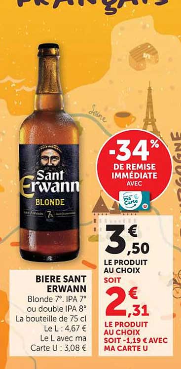 BIERE SANT ERWANNN Blonde 7° IPA 7° ou double IPA 8° La bouteille de 75 cl