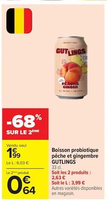 Boisson probiotique pêche et gingembre GUTLINGS 33 cl