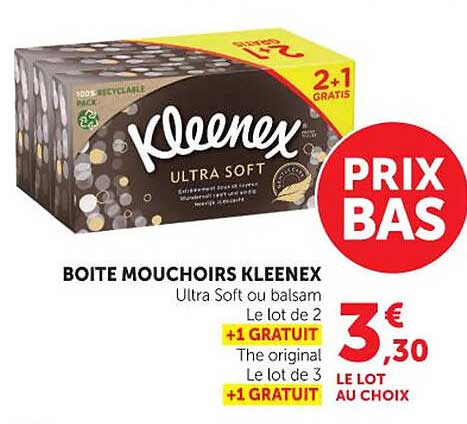BOITE MOUCHOIRS KLEENEX Ultra Soft ou balsam Le lot de 2 +1 GRATUIT The original Le lot de 3 +1 GRATUIT