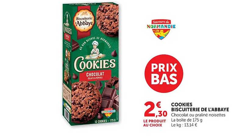 COOKIES BISCUITERIE DE L'ABBAYE Chocolat ou praliné noisettes