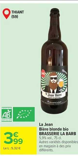 La Jean Bière blonde bio BRASSERIE LA BARB