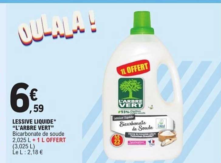 LESSIVE LIQUIDE* “L’ARBRE VERT” Bicarbonate de soude 2,025 L + 1 L OFFERT (3,025 L)
