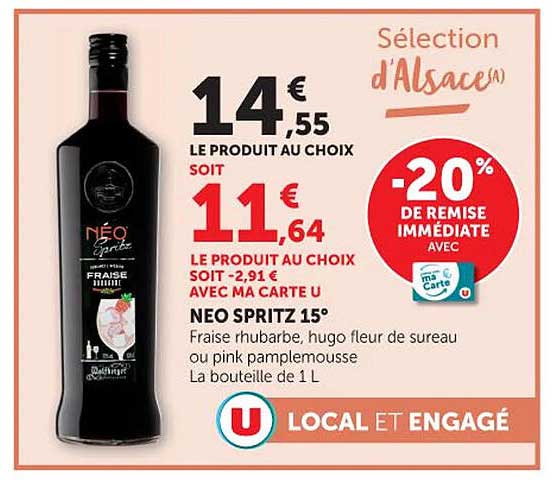 NEO SPRITZ 15° Fraise rhubarbe, hugo fleur de sureau ou pink pamplemousse La bouteille de 1 L