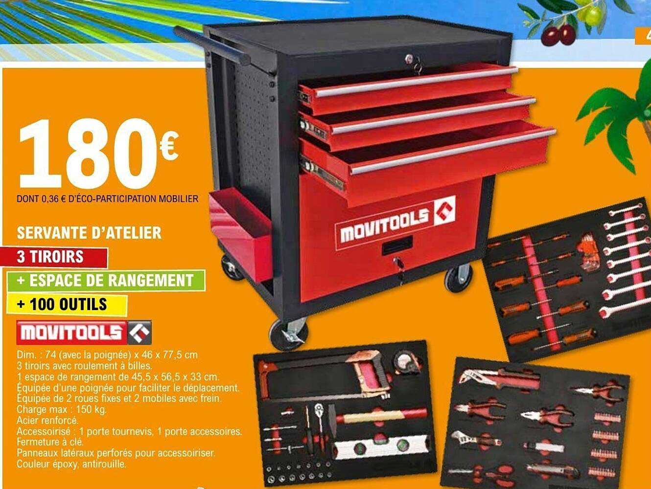 SERVANTE D’ATELIER 3 TIROIRS + ESPACE DE RANGEMENT + 100 OUTILS