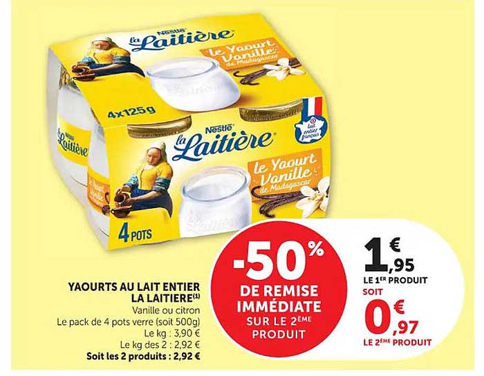 YAOURTS AU LAIT ENTIER LA LAITIERE(1) Vanille ou citron