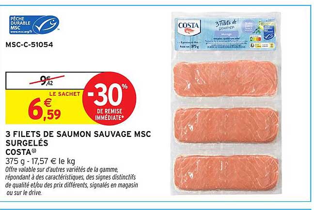 3 filets de saumon sauvage MSC surgelés COSTA