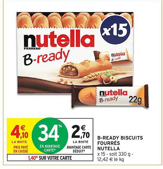 B-READY BISCUITS FOURRÉS NUTELLA x 15 - soit 330 g - 12,42 € le kg