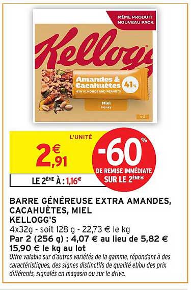 BARRE GÉNÉREUSE EXTRA AMANDES, CACAHUETES, MIEL KELLOGG'S