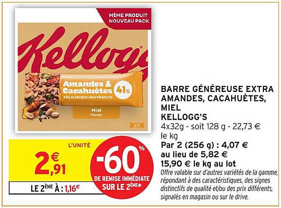 BARRE GÉNÉREUSE EXTRA AMANDES, CACAHUÈTES, MIEL KELLOGG'S