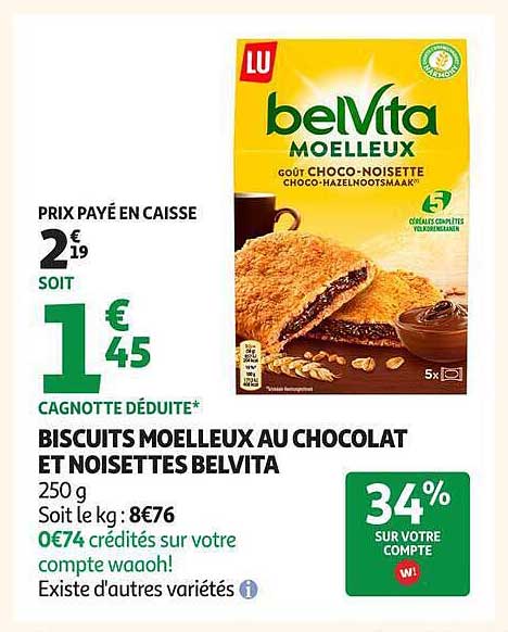 BISCUITS MOELLEUX AU CHOCOLAT ET NOISETTES BELVITA