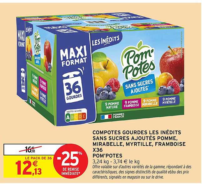 COMPOTES GOURDES LES INÉDITS SANS SUCRES AJOUTÉS POMME, MIRABELLE, MYRTILLE, FRAMBOISE X36 POM'POTES