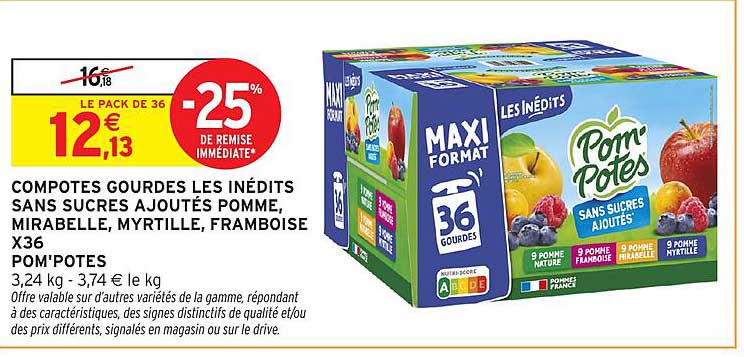 COMPOTES GOURDES LES INÉDITS SANS SUCRES AJOUTÉS POMME, MIRABELLE, MYRTILLE, FRAMBOISE X36 POM'POTES