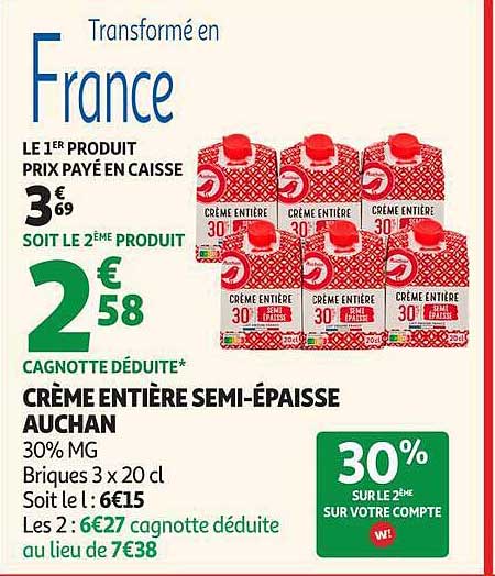 CRÈME ENTIÈRE SEMI-ÉPAISSE AUCHAN