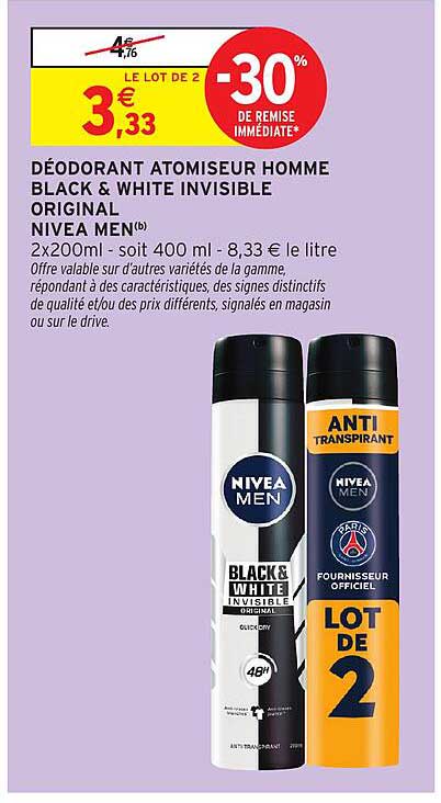 DÉODORANT ATOMISEUR HOMME BLACK & WHITE INVISIBLE ORIGINAL NIVEA MEN®