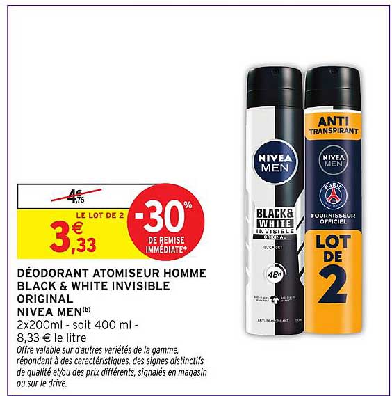 DÉODORANT ATOMISEUR HOMME BLACK & WHITE INVISIBLE ORIGINAL NIVEA MEN