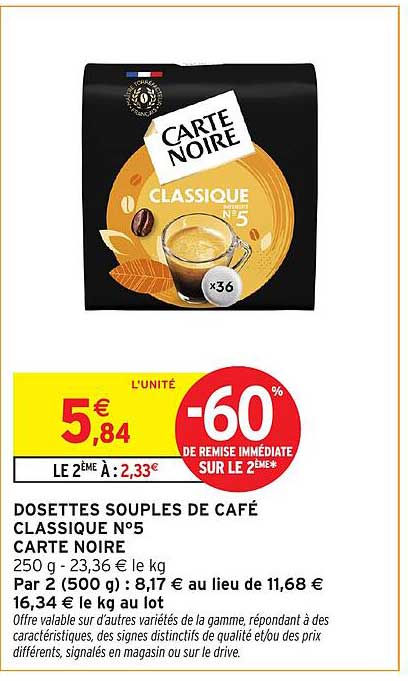 DOSETTES SOUPLES DE CAFÉ CLASSIQUE N°5 CARTE NOIRE