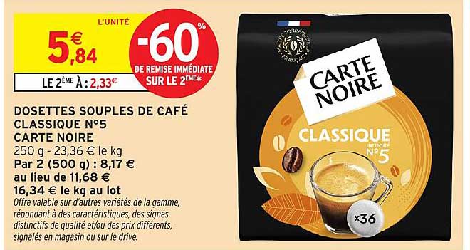 DOSETTES SOUPLES DE CAFÉ CLASSIQUE N°5 CARTE NOIRE