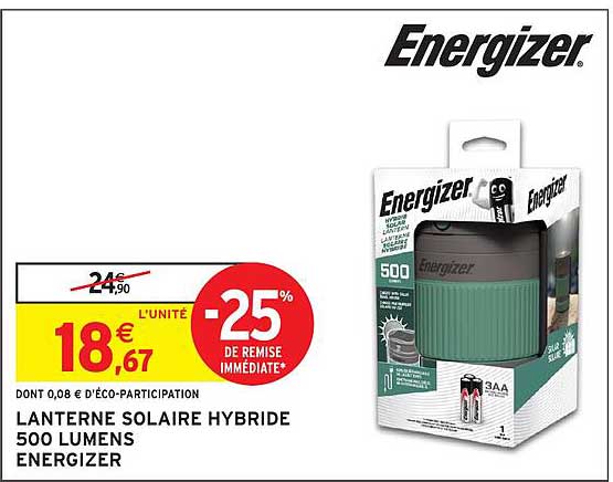 LANTERNE SOLAIRE HYBRIDE 500 LUMENS ENERGIZER