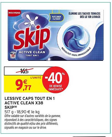 LESSIVE CAPS TOUT EN 1 ACTIVE CLEAN X38 SKIP