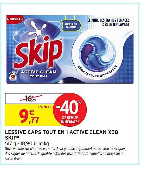 LESSIVE CAPS TOUT EN 1 ACTIVE CLEAN X38 SKIP