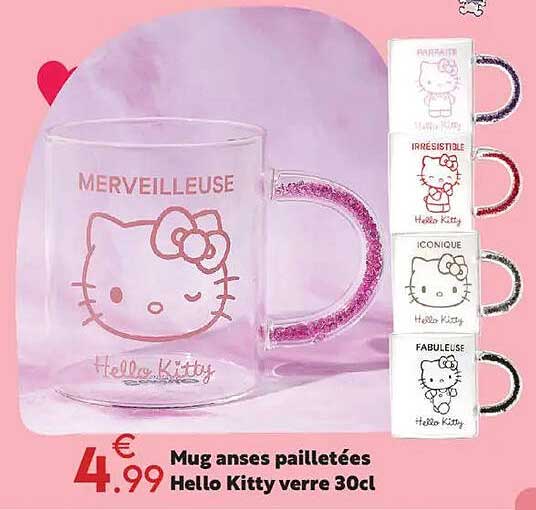 Mug anses pailletées Hello Kitty verre 30cl