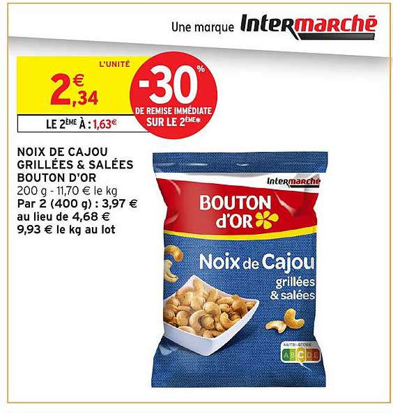 NOIX DE CAJOU GRILLÉES & SALÉES BOUTON D'OR