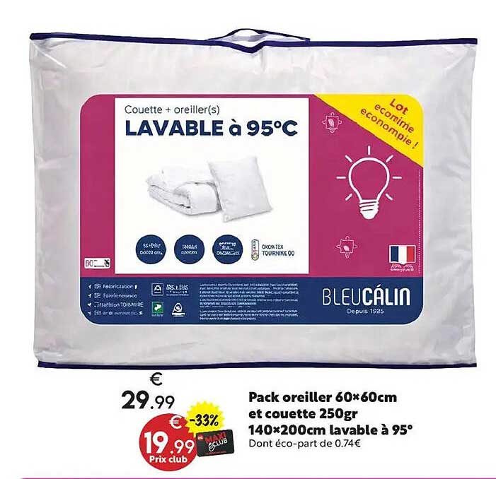 Pack oreiller 60×60cm et couette 250gr 140×200cm lavable à 95°