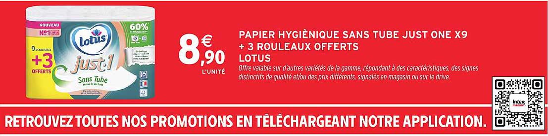 PAPIER HYGIÉNIQUE SANS TUBE JUST ONE X9 + 3 ROULEAUX OFFERTS LOTUS