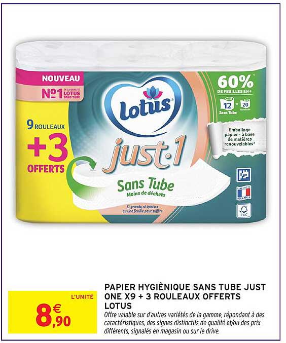 PAPIER HYGIÉNIQUE SANS TUBE JUST ONE X9 + 3 ROULEAUX OFFERTS LOTUS
