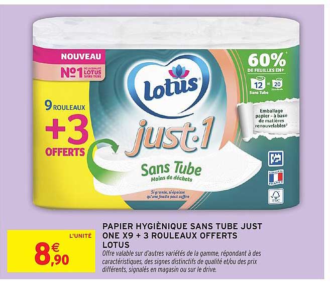 PAPIER HYGIÉNIQUE SANS TUBE JUST ONE X9 + 3 ROULEAUX OFFERTS LOTUS