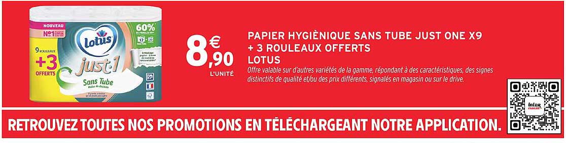 PAPIER HYGIÉNIQUE SANS TUBE JUST ONE X9 + 3 ROULEAUX OFFERTS LOTUS
