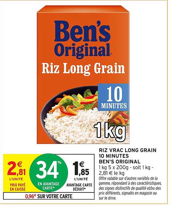 RIZ VRAC LONG GRAIN 10 MINUTES BEN'S ORIGINAL 1 kg 5 x 200g - soit 1 kg - 2,81 € le kg