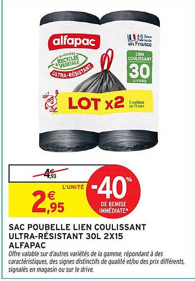 SAC POUBELLE LIEN COULISSANT ULTRA-RÉSISTANT 30L 2X15 ALFAPAC
